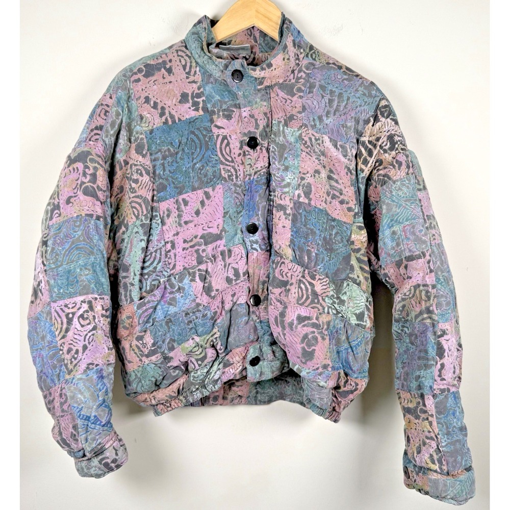 Vtg We Be Bop Multicolor Patchwork Rayon Zip Button Up Bomber Jacket L Grandma